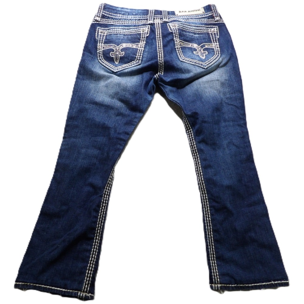 Rock Revival Liz Easy Boot Cut Jeans Women 30 Blue Rhinestones Embellished Denim